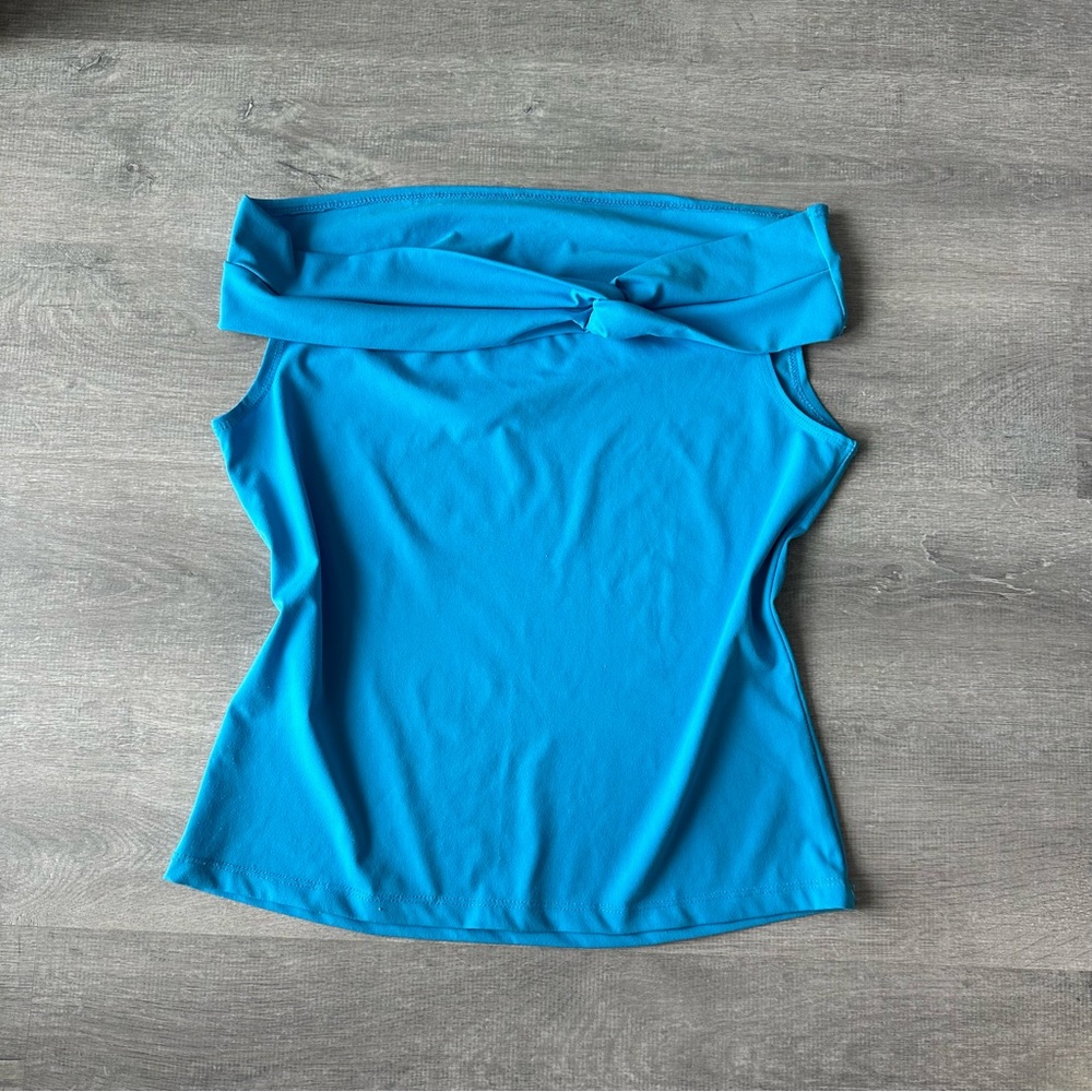 Vtg REQUEST Y2K Royal Blue Twist Front Off-the-Shoulder Top Made in Canada